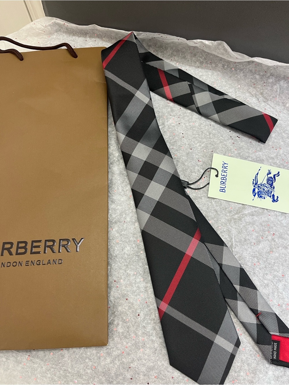 Burberry Black Gray and Red Plaid Silk Tie